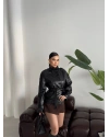 Siyah Kısa Suni Deri Dik Yaka Ceket