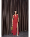 Kırmızı Sırt Dekolteli Yırtmaçlı Uzun Elbise
