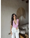 Pembe V Yaka Brode Dalgıç Crop