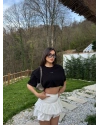 Siyah Nakışlı Balon Crop Top