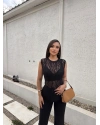 Siyah Bisiklet Yaka Dantel Bodysuit