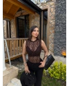 Kahverengi Bisiklet Yaka Dantel Bodysuit