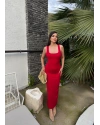 Kırmızı Sırt Çapraz Askılı Elbise