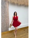 Kırmızı Degaje Yaka Boyundan Bağlamalı Mini Elbise