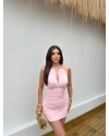 Pembe Boyun Gold Aksesuarlı Mini Elbise