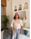 Beyaz Pembe Fularlı Oversize Tshırt