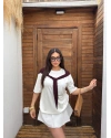 Beyaz Bordo Fularlı Oversize Tshırt