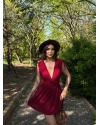 Bordo Omuz Büzgülü Şortlu Elbise