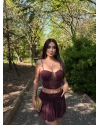 Bordo Tül Taşlı Mini Etek Takım