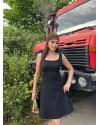 Siyah Kare Yaka Askılı Volanlı Elbise