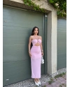 Pembe Drapeli Aksesuarlı Uzun Elbise