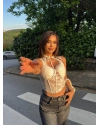 Beyaz Güpürlü Boyundan Bağlamalı Korse Crop