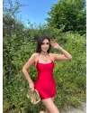 Kırmızı Saten Halkalı Mini Elbise