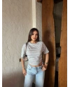 Gri Çizgili Kayık Yaka Basic Crop