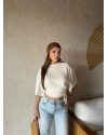Beyaz Beli Büzgülü Yarasa Kol Brshk Crop