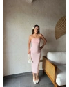 Pudra Straplez Yırtmaç Detay Uzun Elbise