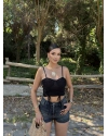 Siyah Büzgülü Dantel Detay Crop