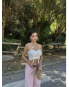 Beyaz Büzgülü Dantel Detay Crop