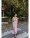 Pembe Korse Keten Uzun Elbise
