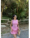 Pembe Kat Kat Fırfırlı Mini Elbise