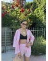 Pembe Tensel Oversize Gömlek Şort Takım