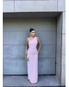 Pembe Toka Detay Drapeli Uzun Elbise
