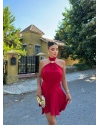 Kırmızı Boyun Tokalı Mini Elbise