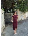 Bordo Madonna Yaka Simli Uzun Elbise