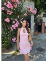 Pembe Damla Dekolteli Mini Elbise