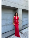 Kırmızı Gold Tokalı Drapeli Uzun Elbise