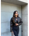 Kahverengi Zra Deri Kolları Fermuarlı Crop Ceket