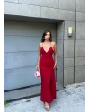 Kırmızı Askılı Sırt Çapraz Uzun Elbise