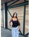 Siyah Kare Yaka Kopçalı Crop