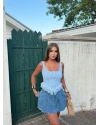 Mavi Kare Yaka Kopçalı Crop