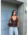 Kahverengi Fırfırlı Güpür Crop