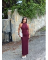 Bordo Halter Yaka Simli Uzun Elbise