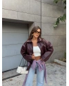 Bordo Kemerli Deri Ceket