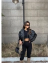 Siyah Cep Detay Deri Crop Ceket