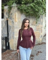 Bordo Bisiklet Yaka Volanlı Bluz