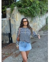 Lacivert Oversize Çizgili Triko