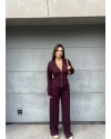 Bordo Polo Yaka Kuşaklı Fermuarlı Takım