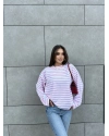 Beyaz Pembe Çizgili Bisiklet Yaka Sweatshırt