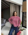 Pembe- Mürdüm Çizgili Nakışlı Sweatshırt