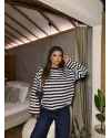 Lacivert Ekru Çizgili Nakışlı Sweatshırt