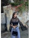 Siyah Kolları Fırfırlı Balıkçı Dantel Bluz