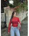 Kırmızı Flok Baskılı Tül Bluz