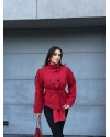Kırmızı Mini Kareli Dik Yaka Kaşe Kaban