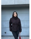 Siyah Mini Kareli Dik Yaka Kaşe Kaban