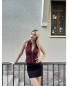 Bordo Polo Yaka Fermuar Detay Bluz