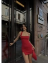 Kırmızı Yırtmaçlı Sırt Detay Mini Elbise